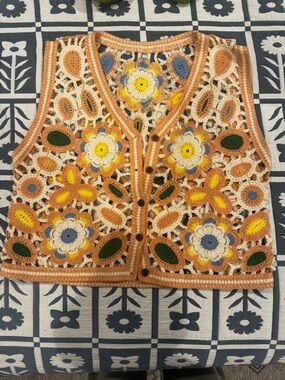 Floral Crochet Vest — Yellow, Orange, Cream, Green, Blue